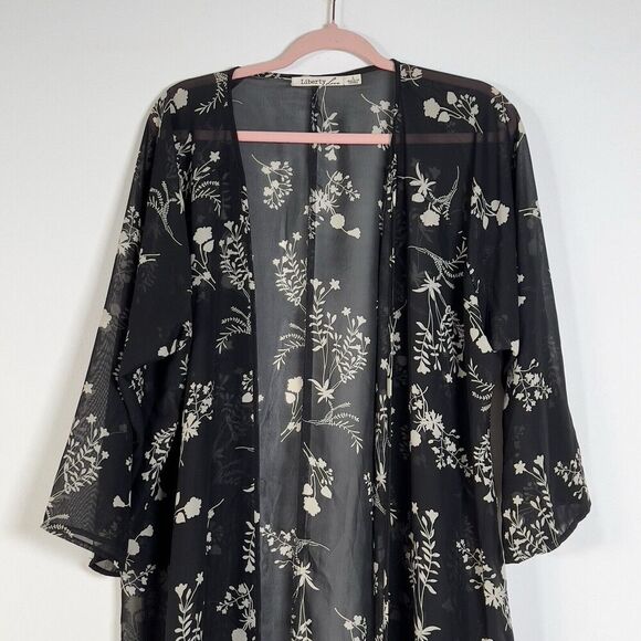 Liberty Love Floral Kimono Top Womens Sz L Sheer Black 3/4 Sleeves Boho - Picture 3 of 8